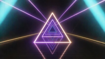Glowing neon triangles form a futuristic tunnel, their vibrant colors reflecting on the tiled floor, creating a mesmerizing and otherworldly scene - Powered by Adobe