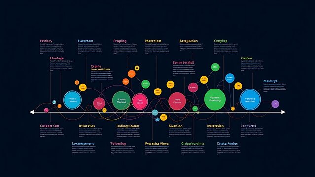 Colorful timeline visualization with circular nodes, illustrating a business strategy concept.