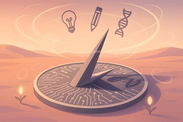 Futuristic sundial compass with circuit board pattern casting shadows of bulb pencil and DNA icons in warm desert twilight digital illustration for innovation concept