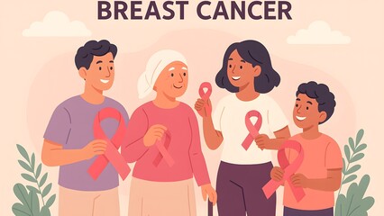 Family of diverse characters holding pink ribbons in flat vector illustration with soft pastel colors for breast cancer support campaign materials