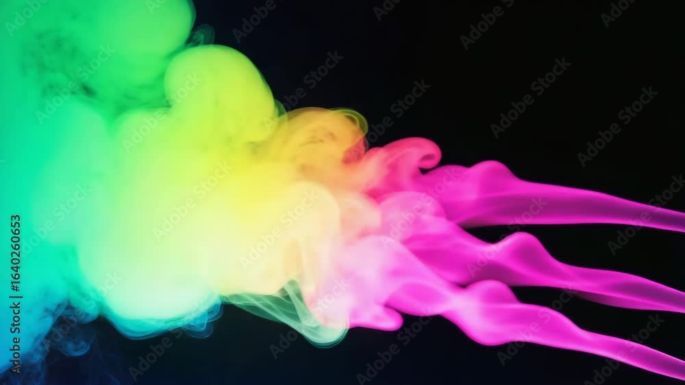 Poster rainbow smoke swirling and flowing into abstract shapes and vibrant patterns against a deep black ba
