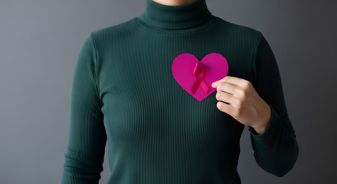 Love, Health Care, Donation and Charity Concept. Breast Cancer Awareness. World Cancer Survivor Day. Close up of Woman Holding a Heart with Ribbon on her Breast