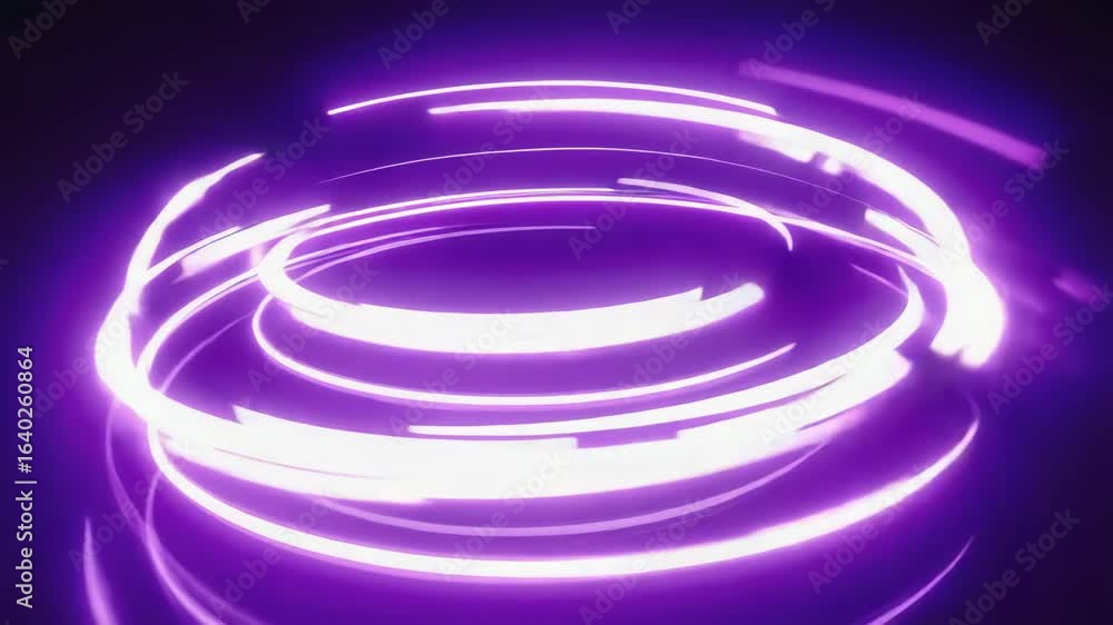 Poster multiple glowing purple neon circles are rotating, creating a mesmerizing futuristic vortex against 
