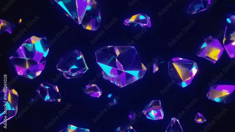 Poster purple crystals with hints of blue and pink reflections are floating and rotating against a black ba