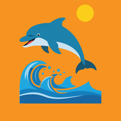 Fototapeta premium A cheerful vector image shows a blue dolphin leaping out of bright blue waves beneath a yellow sun against a solid orange background.