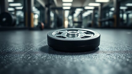 A solitary weight plate on rubber flooring with metallic reflections in soft gym lighting.