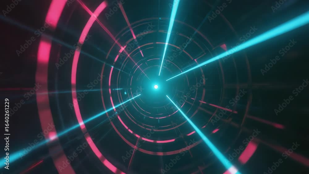 Poster vivid neon lights illuminate a futuristic tunnel, with streaks of light converging towards the cente