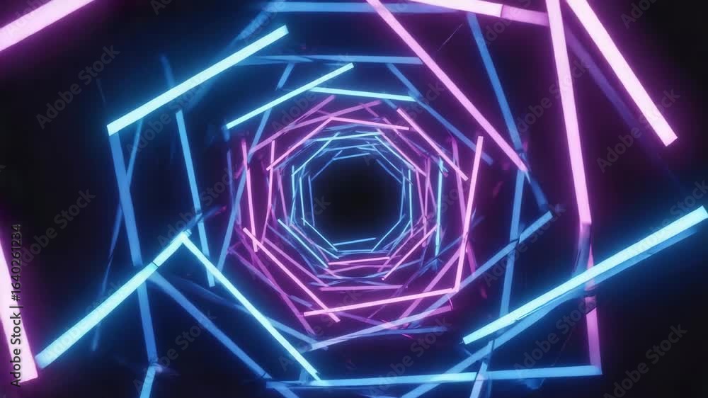 Poster rotating pink and blue neon lights create hexagonal shapes in a dark tunnel, delivering a vibrant an