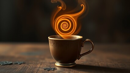 Vintage coffee cup with an infinite glowing spiral, symbolizing longevity and ritual.