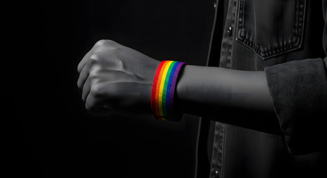 Power, Protest and Expression for LGBTQ, Rights Concept. Closeup of Fist and Rainbow Wrist Strap. Angry, Ready to Punch. Cropped and Selective Focus