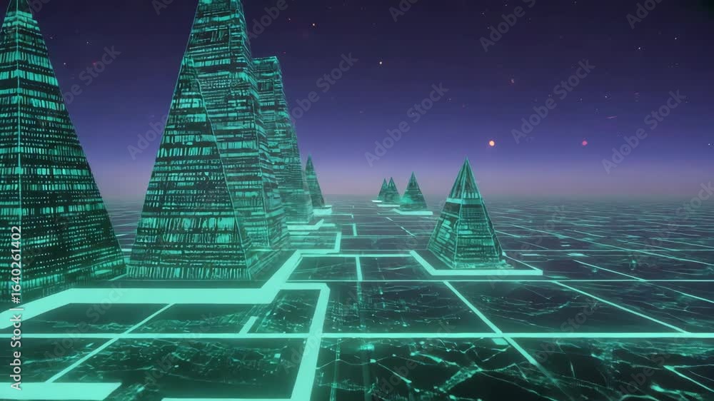 Poster glowing turquoise pyramids with binary code rise from a grid-like digital landscape under a dark blu