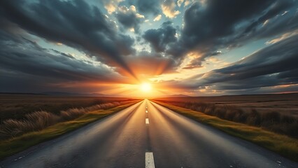 Naklejka premium A dramatic split in the road under a moody sky, symbolizing life's pivotal choices.