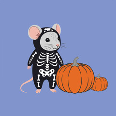 A cartoon mouse in a skeleton costume is standing next to two pumpkins on a periwinkle background for a cute Halloween scene.
