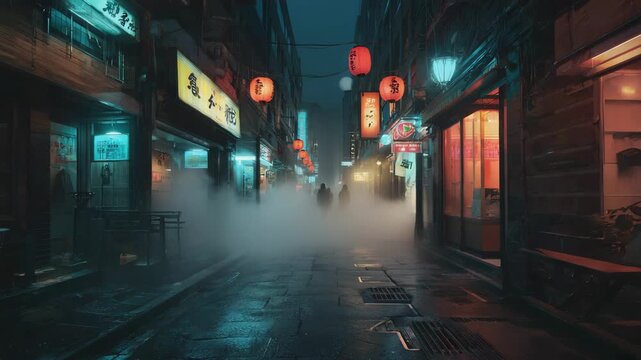 Tourists walking on a foggy side street in shinjuku golden gai at night, with illuminated japanese signs and red paper lanterns creating a mysterious atmosphere
