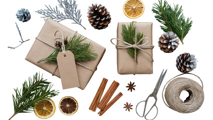 Handcrafted gifts with pine, cinnamon and oranges, perfect for holiday cards and seasonal promotions