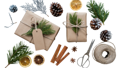 Handcrafted gifts with pine, cinnamon and oranges, perfect for holiday cards and seasonal promotions