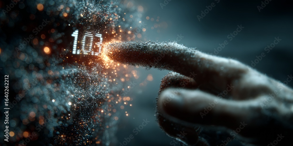Poster finger made of particles touching glowing digital number in abstract futuristic space, symbolizing d