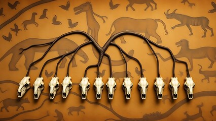 Evolutionary tree with twelve branches ending in anteater skulls against cave art.