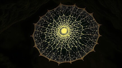 An ancient fossilized web glowing with mysterious energy, suspended in a shadowy cave of evolutionary history.