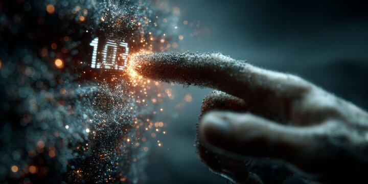 Finger made of particles touching glowing digital number in abstract futuristic space, symbolizing data access