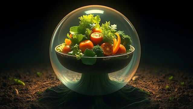 Surreal floating meal inside glowing eco-sphere, roots extending into soil, symbolizing sustainable nutrition.
