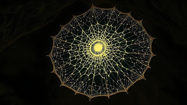 An ancient fossilized web glowing with mysterious energy, suspended in a shadowy cave of evolutionary history.