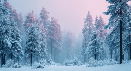 Winter wonderland forest, frosted pines