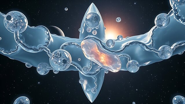 Alien ice crystals form impossible geometric shapes in zero gravity, refracting distant supernovae light.