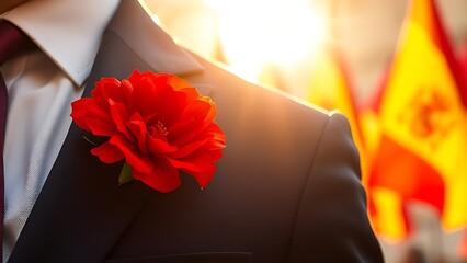 Red carnation on a dark blue suit lapel with golden sunlight, celebrating Spain National Day.