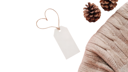 Blank gift tag with heart string on cozy sweater for winter holidays promotion or sale
