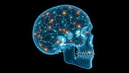Bioluminescent neural networks pulsing inside a translucent human skull in darkness.