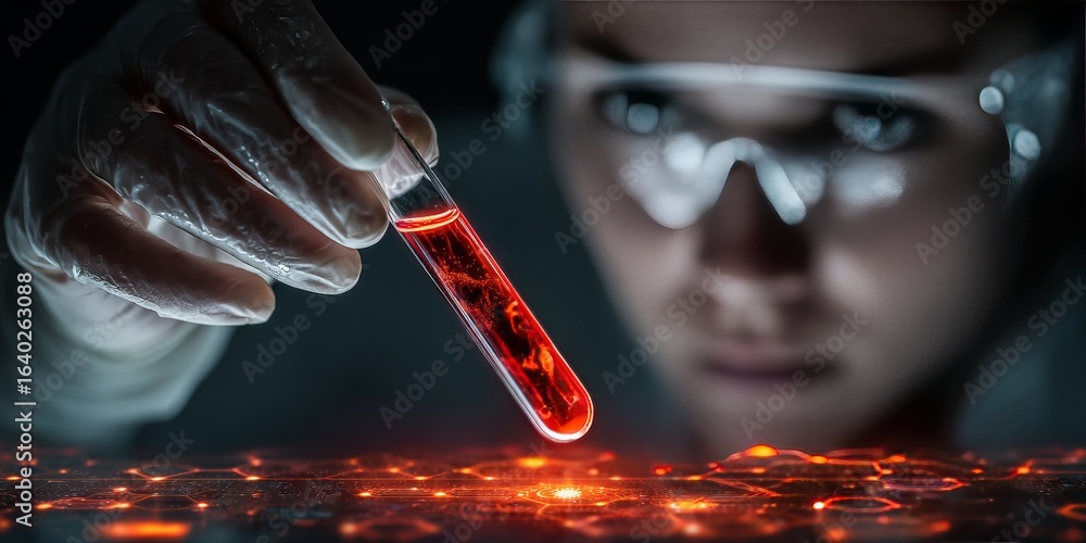 Poster scientist examining glowing red liquid in test tube over futuristic digital interface in high-tech l