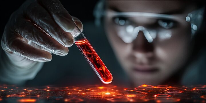 Scientist examining glowing red liquid in test tube over futuristic digital interface in high-tech lab