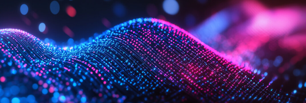 Digital Data Landscape with Blue and Pink Neon Lights abstract background