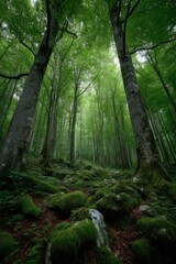 Obraz premium Lush Green Forest Canopy with Mossy Rocks and Tall Trees, Emphasizing Serenity and Natural Beauty