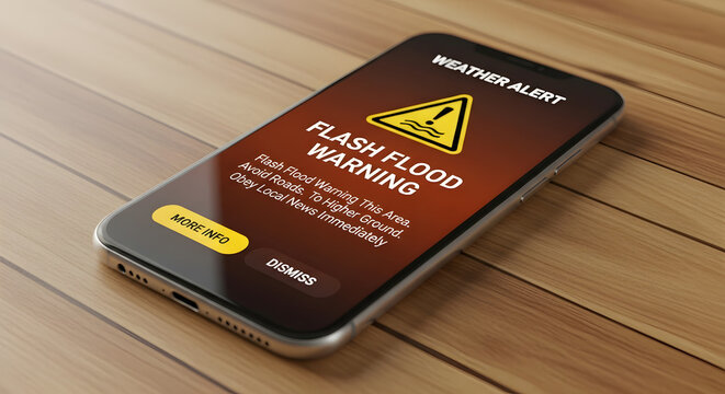 Resilience and Adaptability for Climate Change, Environment Issue, Flash Flood Warning System Alert on Mobile Phone