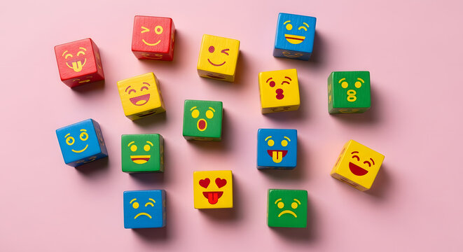 Group of Colourful Smiling Emoticon Diversity Face on Multi-colour Cube. Mind Mental Health. Happy Community. World Happiness, International Smiling Day. Table Top View