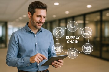 Professional Man Using Tablet Analyzing Supply Chain Management with Modern Icons, Logistics, and Operations