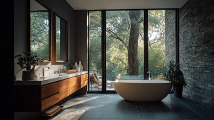 Fototapeta premium Serene Bathroom Retreat with Natural Light, Modern Fixtures, and Picturesque Outdoor View