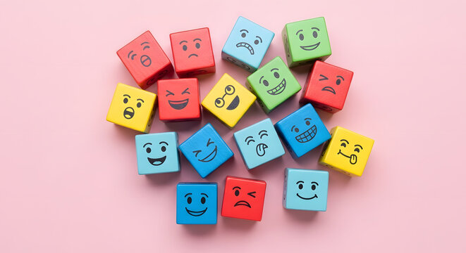 Group of Colourful Smiling Emoticon Diversity Face on Multi-colour Cube. Mind Mental Health. Happy Community. World Happiness, International Smiling Day. Table Top View
