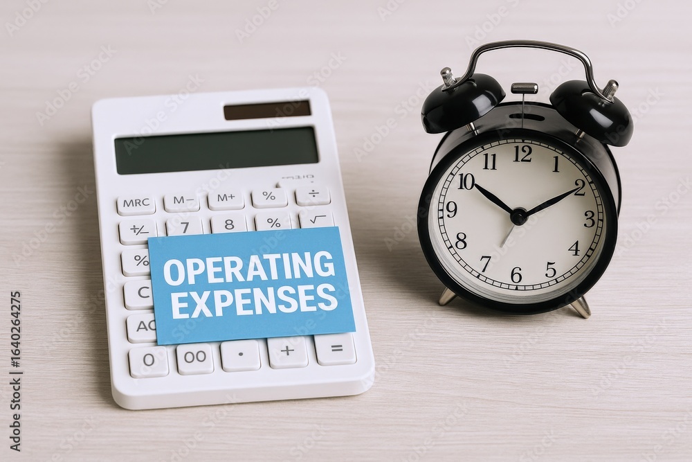 Poster operating expenses calculation with calculator and alarm clock on desk for business finance