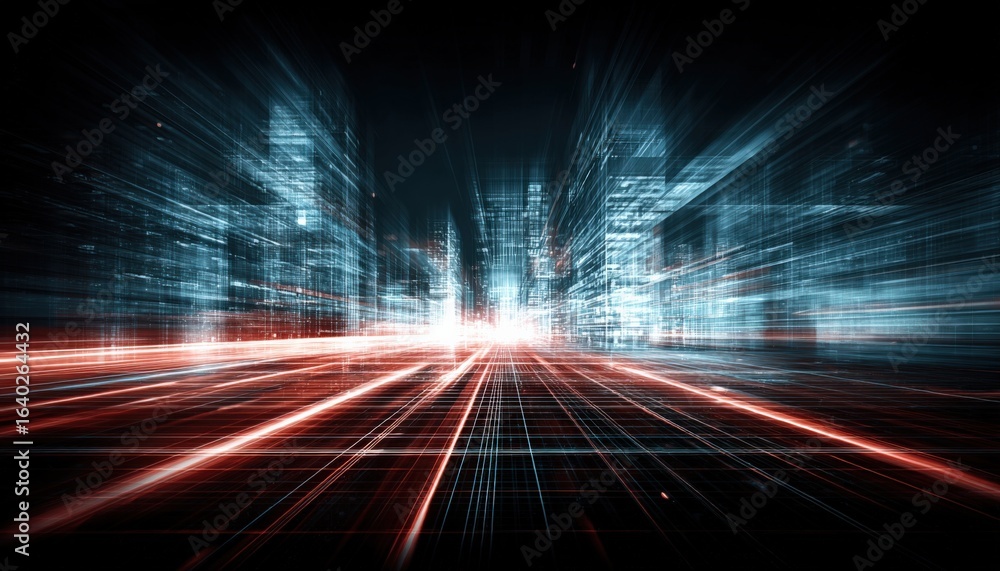 Poster futuristic cityscape abstract visualization with red and blue light streaks creating a dynamic persp