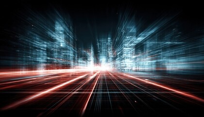 Futuristic Cityscape Abstract Visualization with Red and Blue Light Streaks Creating a Dynamic Perspective