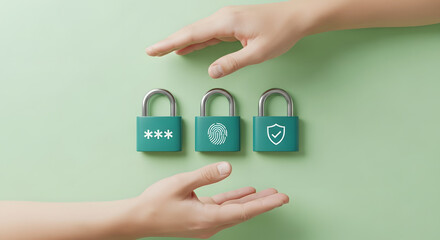 Cybersecurity Conceptual image. Hands securing padlocks representing password, fingerprint, and shield for digital authentication and multi-layered security