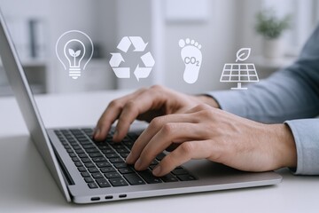Sustainable Business Practices: Man Typing on Laptop with Environmental Icons Overlay, Illustrating Eco-Friendly Initiatives