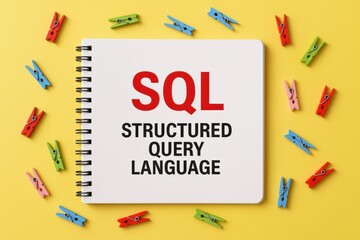 SQL Structured Query Language Concept: Notebook with Colorful Clothespins on Yellow Background, Programming, Data