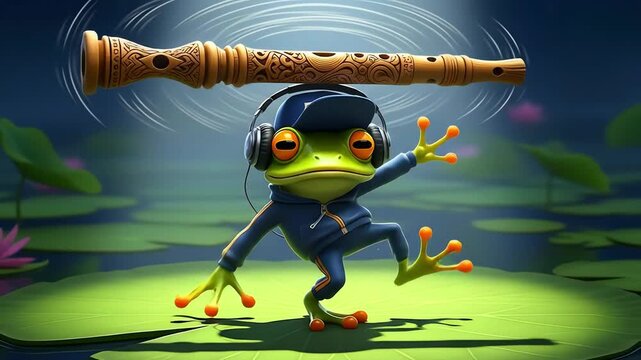 Groovy Frog Plays Flute Dancing in Pond.