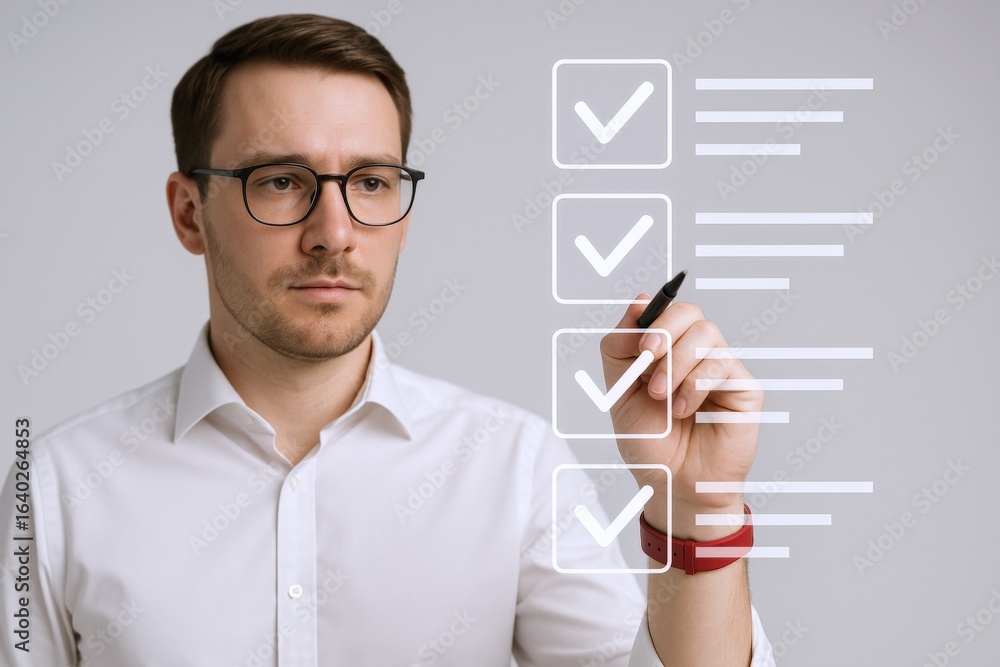 Poster man marking digital checklist with stylus pen, displaying task management and productivity in busine