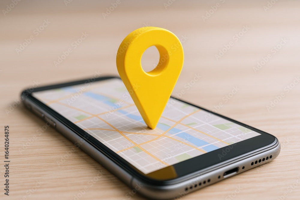Poster Navigation App on Mobile Phone with Map Pointer Icon for Location and Direction Concept