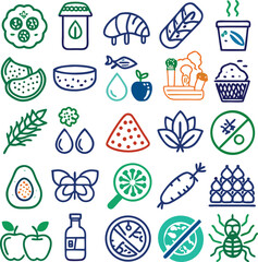 Assortment of food icons with allergy symbols and prohibition signs vector illustration